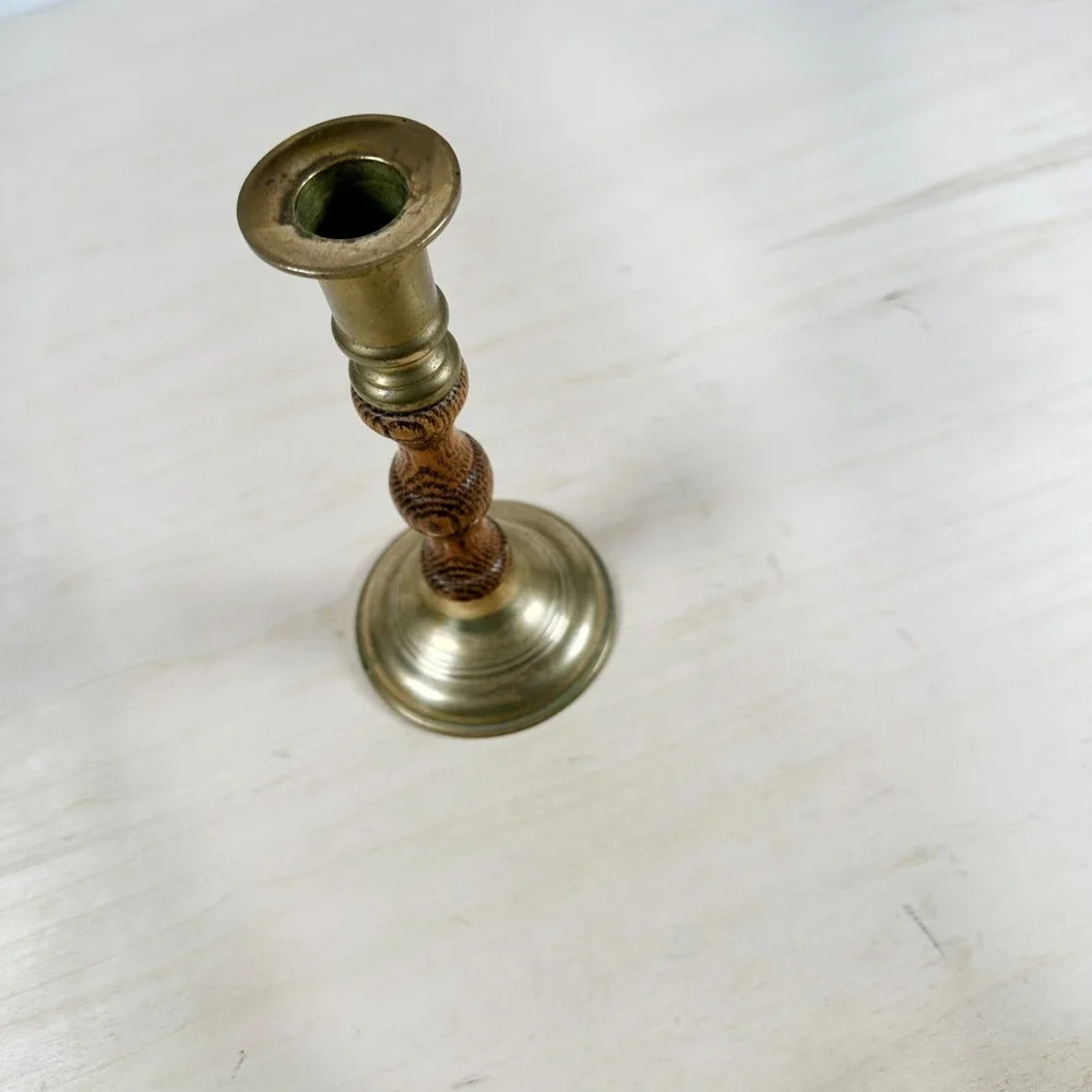Vintage Wood & Brass Tigerwood Candle Stick Holder MCM Retro‎ Decor Mod